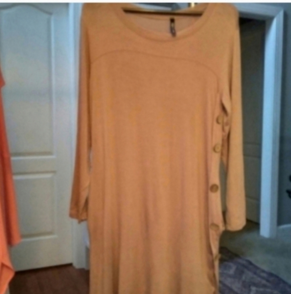 Rags & Couture Women's XL Long Sleeve Button Detail Dress Tan Midi FLAW